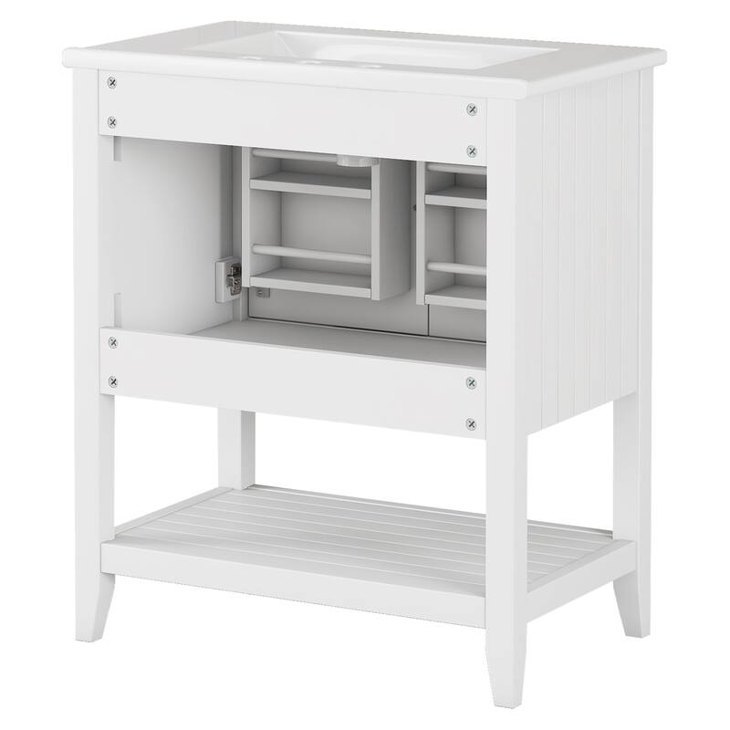 Modern Sleek Bathroom Vanity Cabinet with Elegant Ceramic Sink, Solid Wood Frame, Open Style Shelf and Door Racks