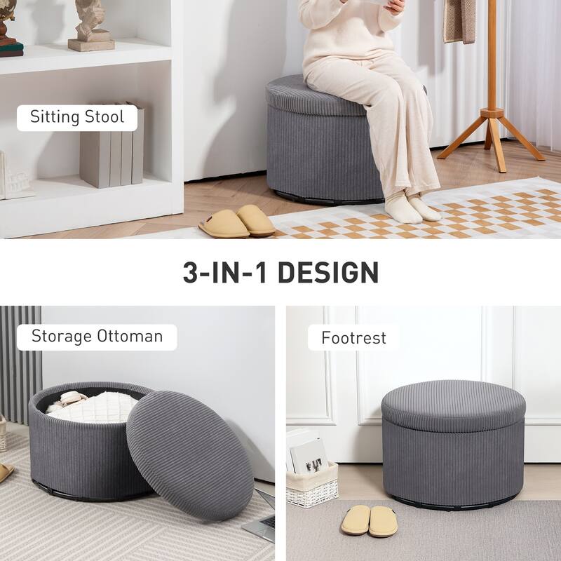 Large Corduroy Storage Ottoman with Hidden 25.6 Gal Compartment and Foam Seat Steel Frame