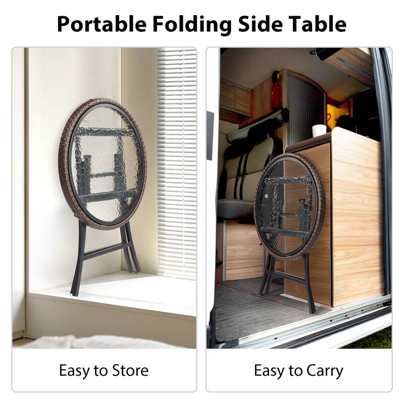 Outdoor Round Side Table with Tempered Glass Top, Foldable Metal Frame, Compact Patio, Balcony - 15.75" x 15.75" x 20.6"