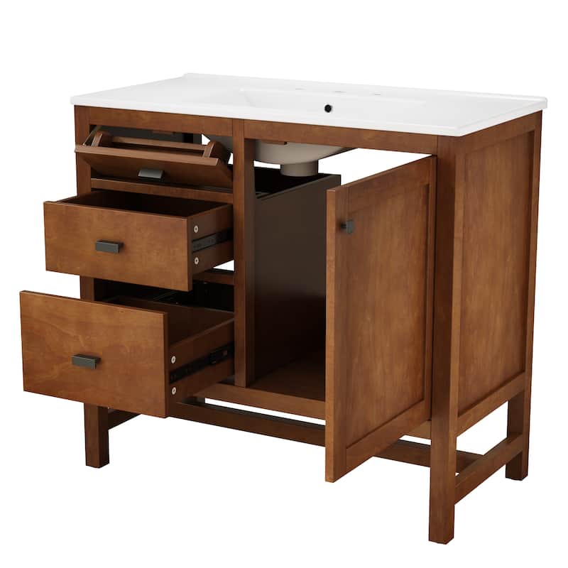 Christopher Knight Home - Modern 36" Freestanding Bathroom Vanity with Ceramic Sink, Dual Drawers, Flip-Up Storage - 36"W