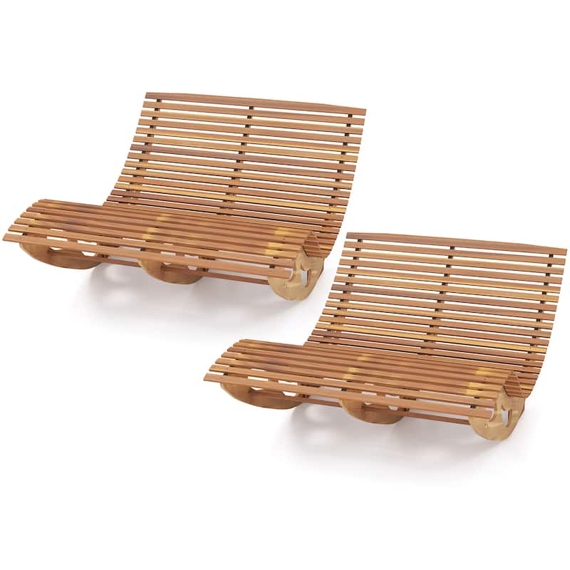 Gymax 2PCS Outdoor Double Chaise Lounge for 2 w/ High Back Slatted - Natural