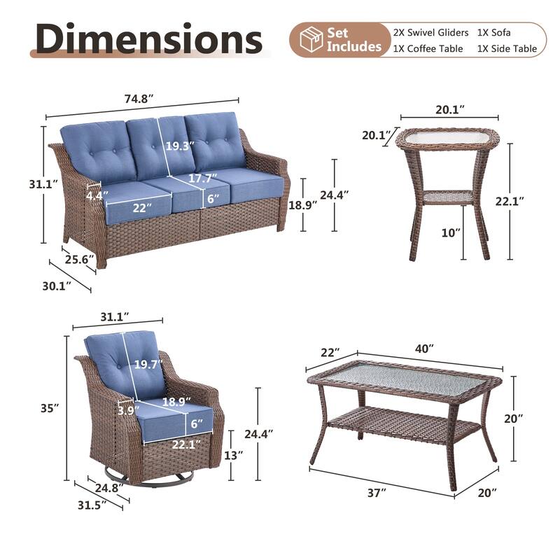 Artisan Patio Brown Wicker Sofa Conversation Set with 6-Inch Thick Cushions