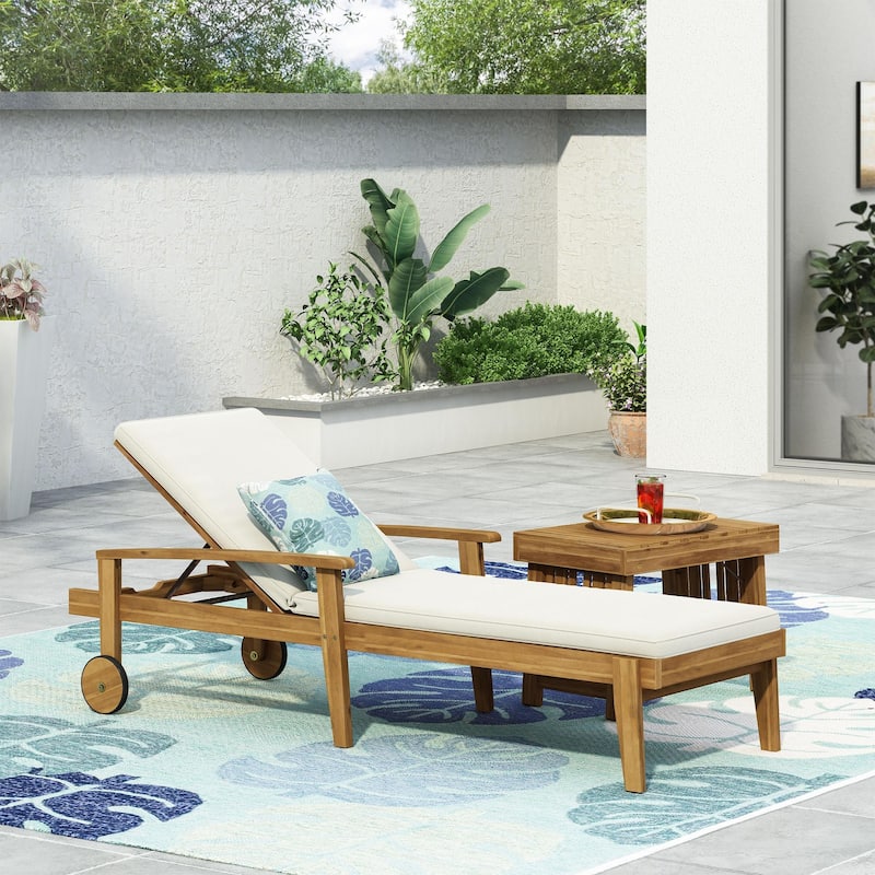 Outdoor solid wood frame chaise lounge with rollers and cushions