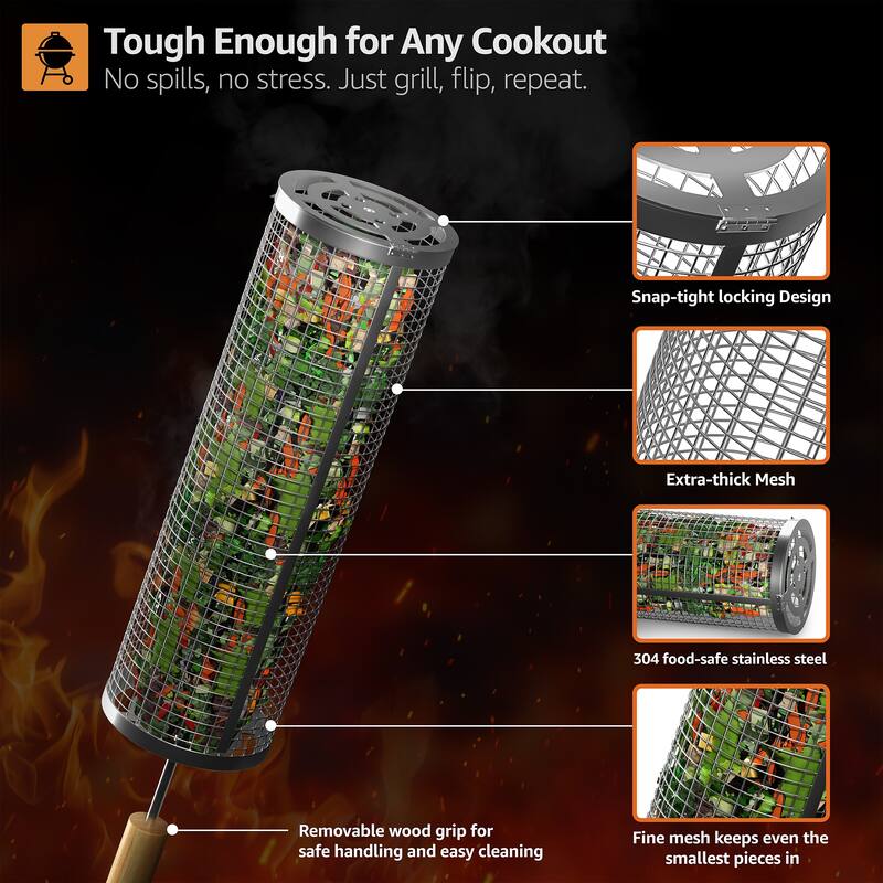 Sorbus Stainless Steel Rolling Barbecue Grilling Basket with Removable Handles - 2 Piece - 12" L x 3.75" W
