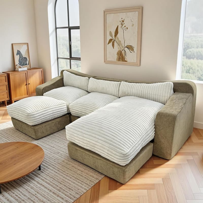 WOWMAX 122'' U Shaped Couch Modular Sectional Cloud Sofa 4 Deep Seat Modern Corduroy Sofa Set For Living Room - Beige