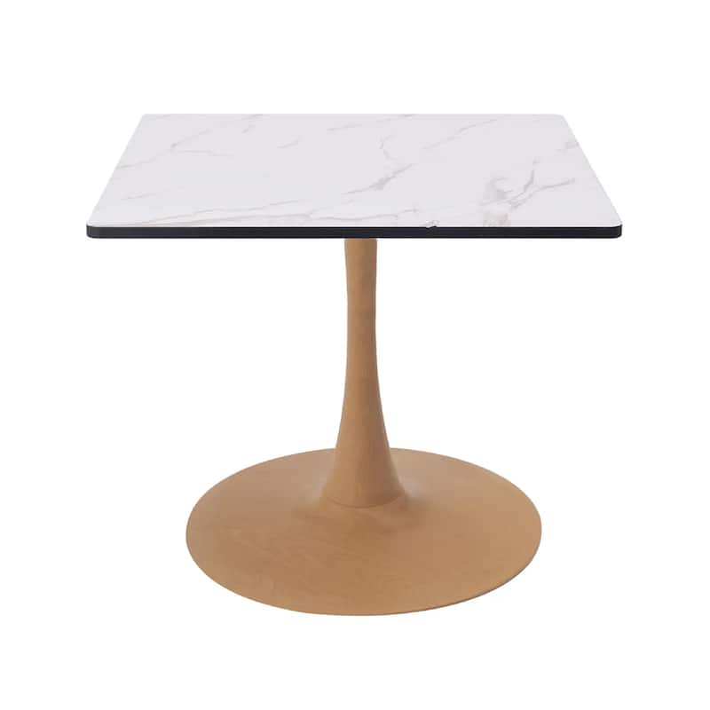 Bristol 27" Square Dining Table with Marbled White MDF Top and Steel Pedestal Base for Modern Kitchen and Dining Room - 27 in. - Natural Wood