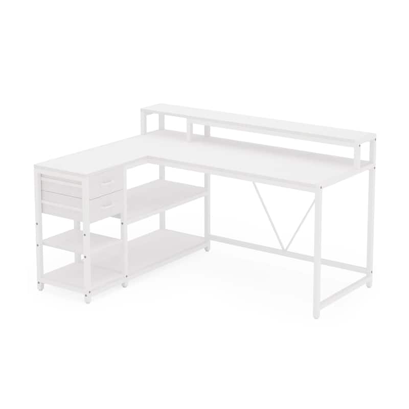 Executive Desk, L Shaped Top, Portable File Cabinet, 55 Inch White