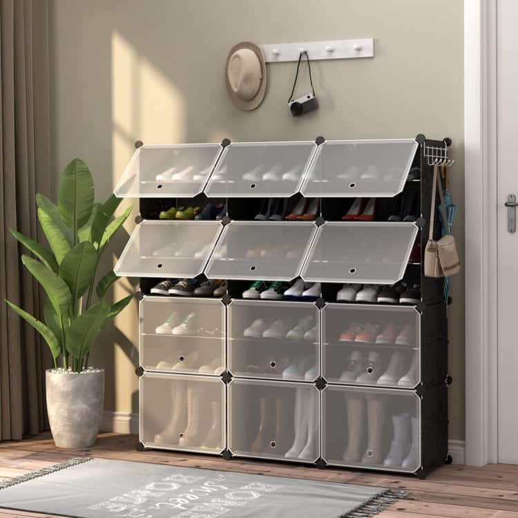 12-Cube Modular Shoe Rack Cabinet with Hooks & Doors - 49" x 12.5" x 49" (L x W x H)