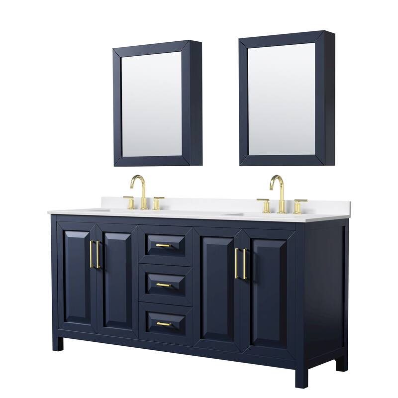 Daria 72-inch Double Vanity, 3 Hole Quartz Top, Med Cabinets - Dark Blue, Gold Trim, White Quartz Top