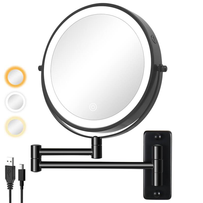 8in. LED Light Wall Mounted Makeup Mirror with 3 Colors, 1x/10x HD Magnifying Double-Sided Mirror, Extension Arm - Black