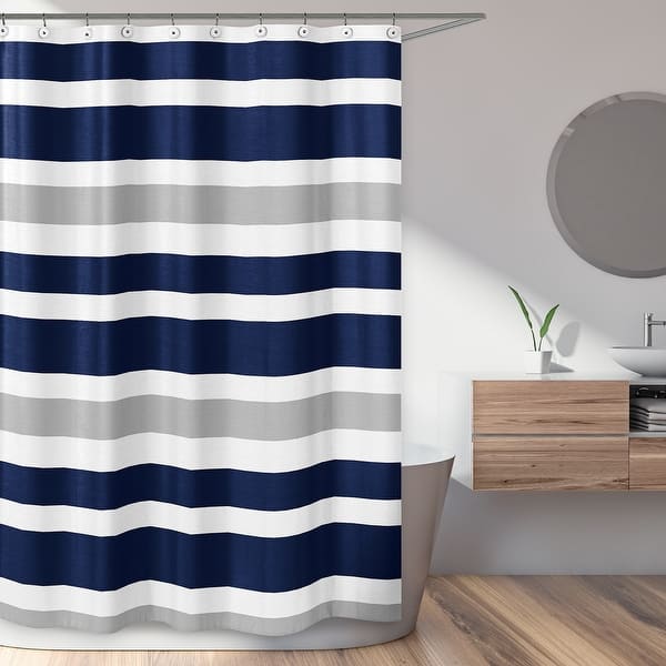 Navy Blue and Gray Stripe Shower Curtain   Overstock   12382360