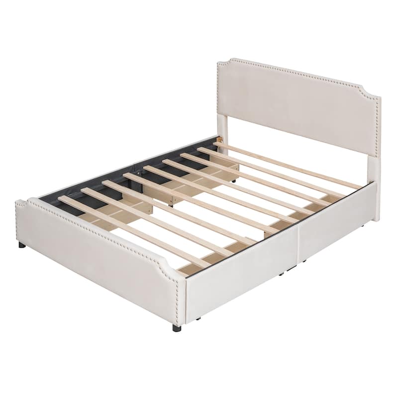 Upholstered Platform Bed with Stud Trim Headboard and Footboard and 4 Drawers No Box Spring Needed, Velvet Fabric, Queen Size