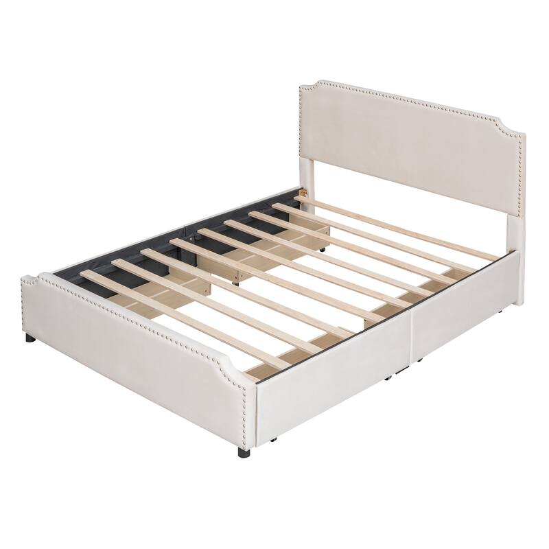 Velvet Fabric Upholstered Platform Bed with Stud Trim Headboard and Footboard and 4 Drawers No Box Spring Needed