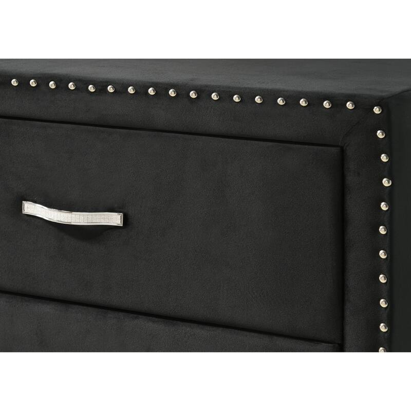 Black Nightstand with Tempered Glass Top and Upholstered Design