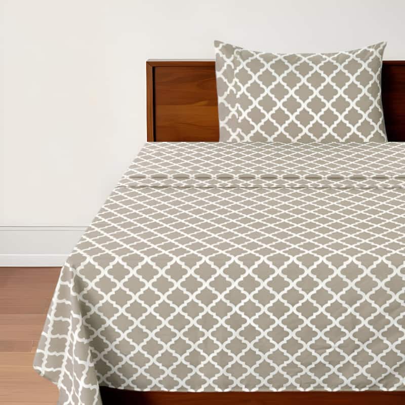 Three Piece Beige and White Quatrefoil Microfiber Twin XL Sheet Set - Beige and White - Twin Extra Long