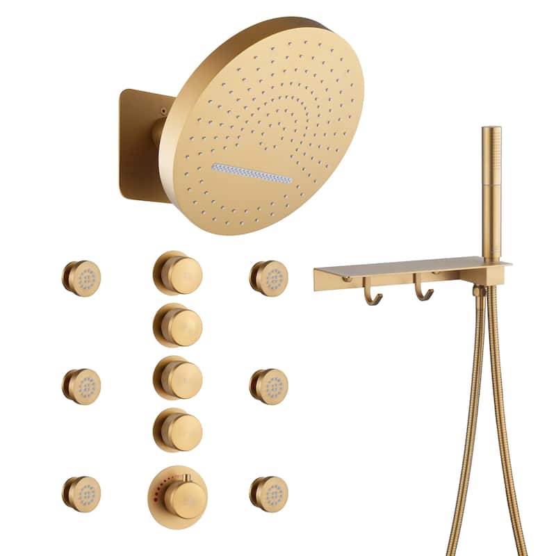 CASAINC Thermostatic 4 Functions 12 inch Rainfall Showerhead with Handheld Spray & 6 Body Jets Set Rain Shower System - Brushed Gold