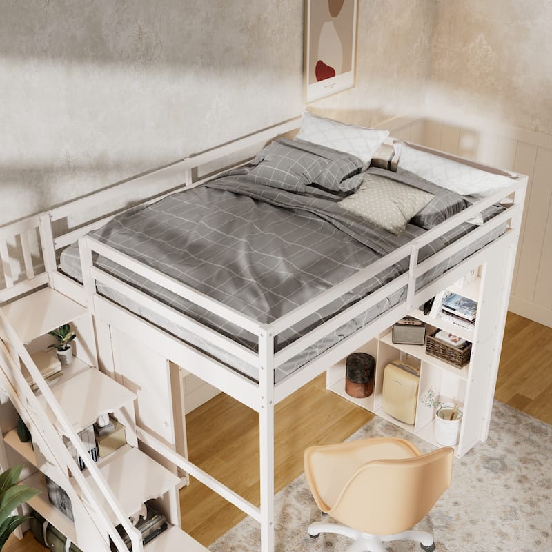 Full Loft Bed with Built-In Wardrobe & Study Desk - Space-Saving Frame with LED Lights & Shelves