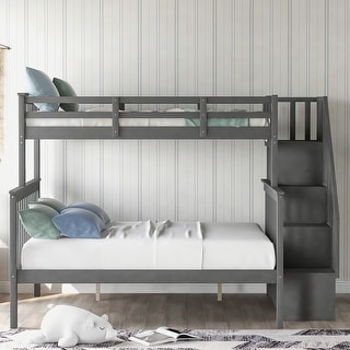 Modern Style Bunk Bed with Guardrials, Storage Staircase, Maximized Space, Twin over Full, Grey