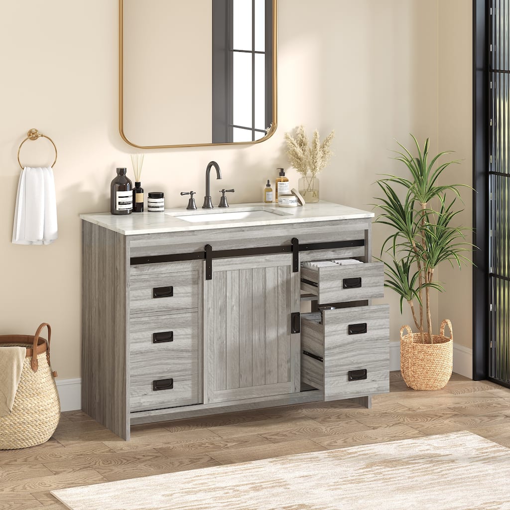 EROMMY Farmhouse Bathroom Vanity with Ceramic Top and Sliding Barn Door Sink Cabinet