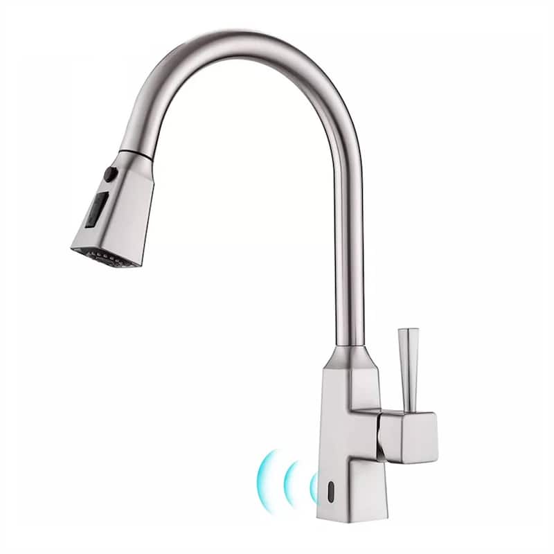 Touchless Kitchen Faucet With Pull Down Sprayer 1 Hole Smart Kitchen Sink Faucet Single Handle Hand Free Modern Vanity Basin Tap - Brushed Nickel