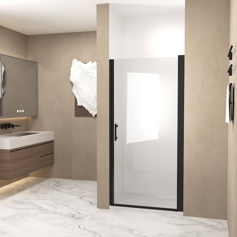 Framed Pivot Shower Door in Matte Black with Stainless Steel Handle