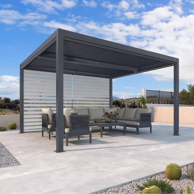 PURPLE LEAF Gray Louvered Pergola Outdoor Aluminum Pergola with Adjustable Roof for Patio Grey Hardtop Gazebo - 10' x 13' - 1L(Roller Blinds)