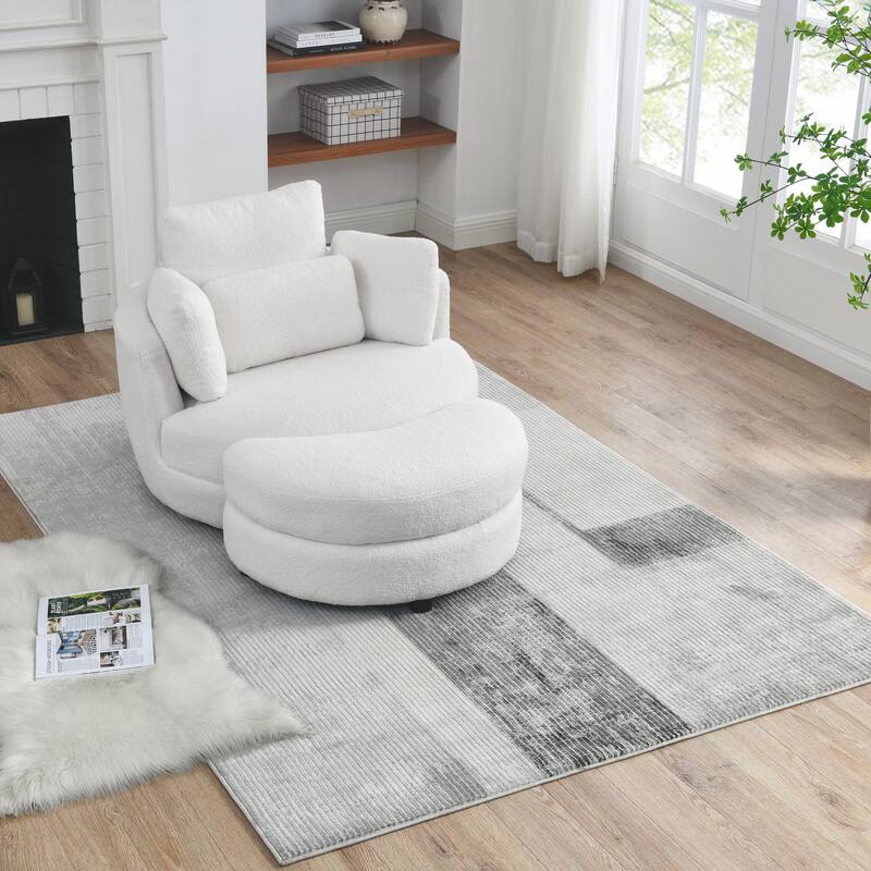 Oversized Teddy Fabric Swivel Barrel Chair with Moon Ottoman & 4 Pillows