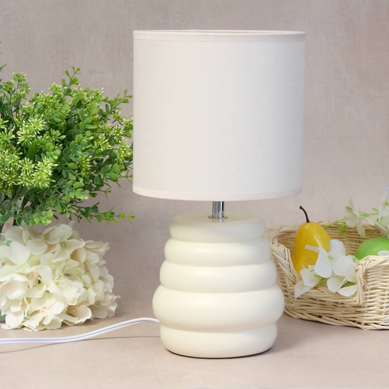 Stacked Ceramic Mini Table Lamp with Fabric Drum Shade Modern Sculptural Accent Lighting Compact Design