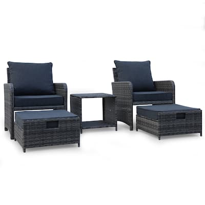 5 Pieces Rattan Patio Furniture Set with Removable Cushions, Outdoor Patio Conversation Set with 2 Ottomans and Coffee Table