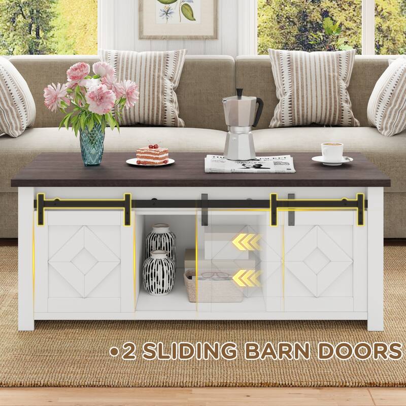 AVAWING Rustic Lift Top Coffee Table with Storage & Sliding Barn Doors – Farmhouse Center Table for Living Room - 47.8'x23.2'