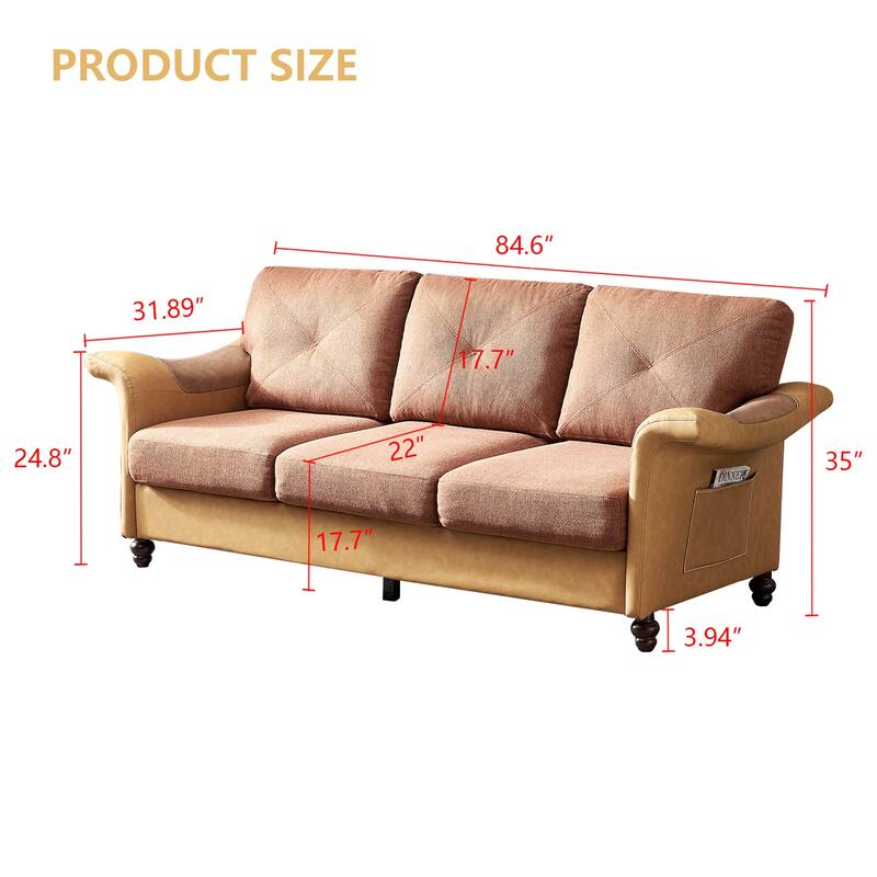 Brown Linen Fabric Faux Leather Loveseat with Wood Leg and Metal Frame ...
