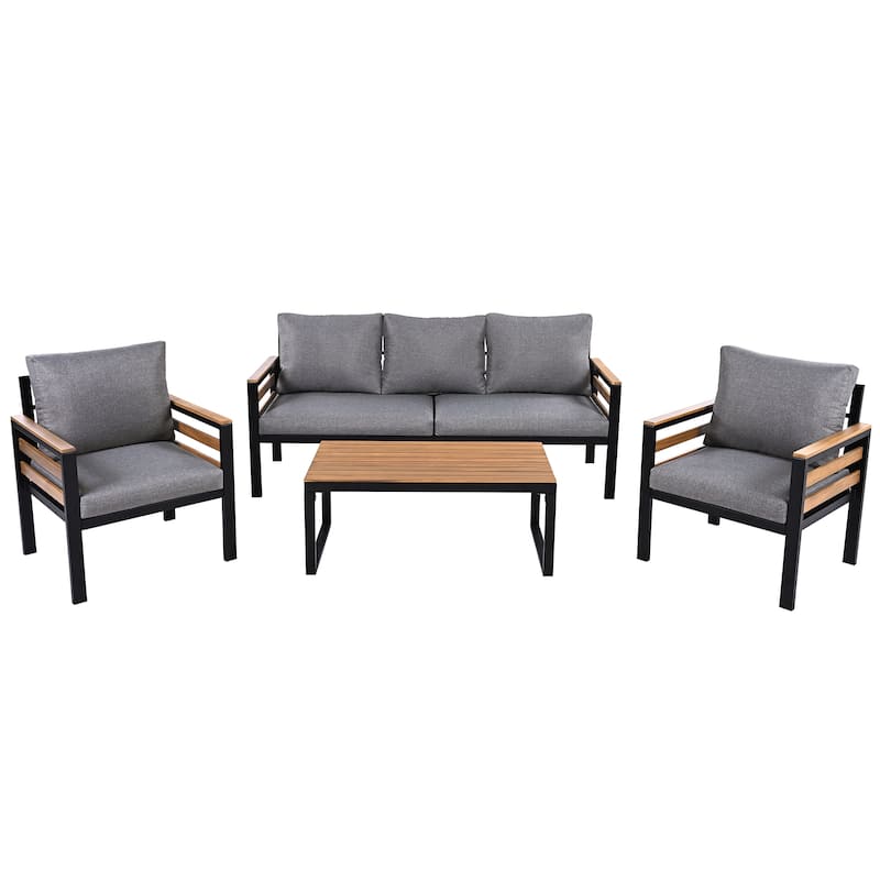 Roomfitters 4-Piece Outdoor Patio Furniture Set with 3-Seater Sofa, 2 Armchairs and Coffee Table, Wood Accents