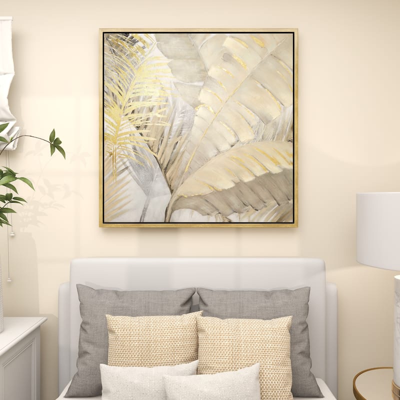 Canvas Leaf Palm Living Room Framed Wall Art with Gold Frame - Brown - CosmoLiving by Cosmopolitan