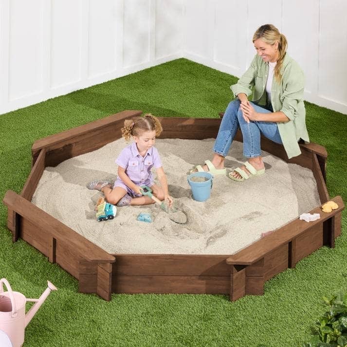 Outdoor Kids Sandbox with Bench Seats and Hemlock Wood Frame UV-Resistant Cover and Liner - 78”L x 78”W x 9”H