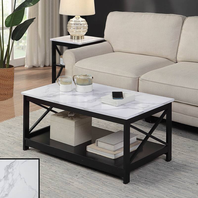 Convenience Concepts Oxford Coffee Table with Shelf - White Faux Marble/Black