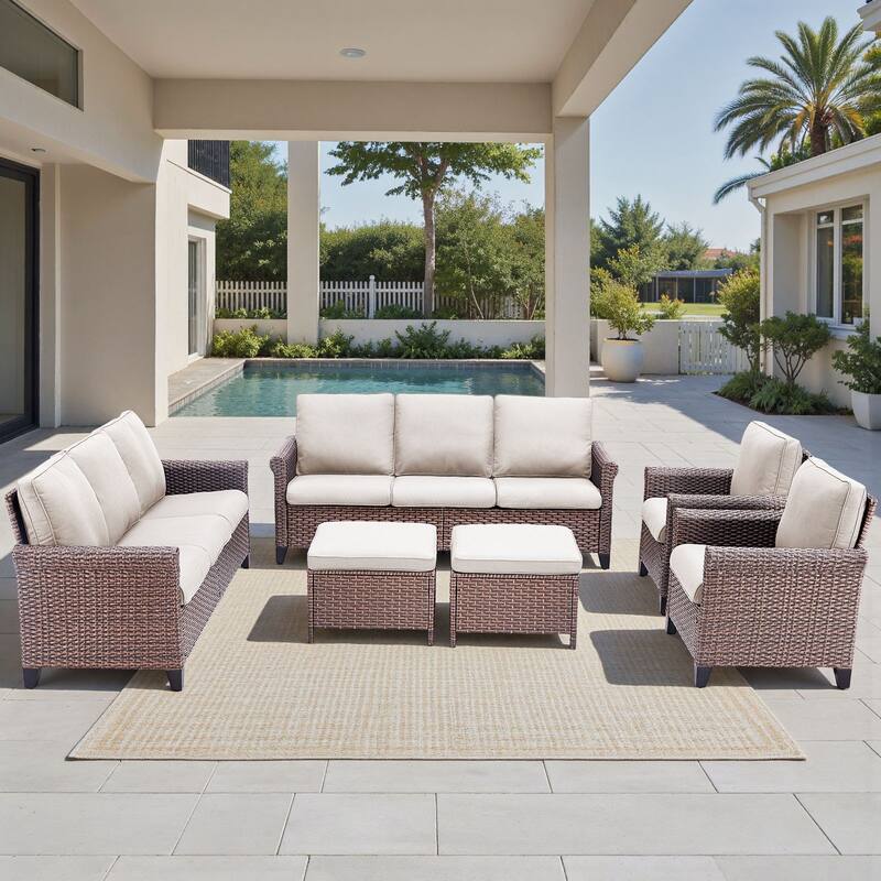 Pocassy Outdoor Sofa Swivel Chairs Patio Chair Funiture Set - 6PCS Sofa Patio Chair w/ Ottoman - Brown Wicker Blue Cushion