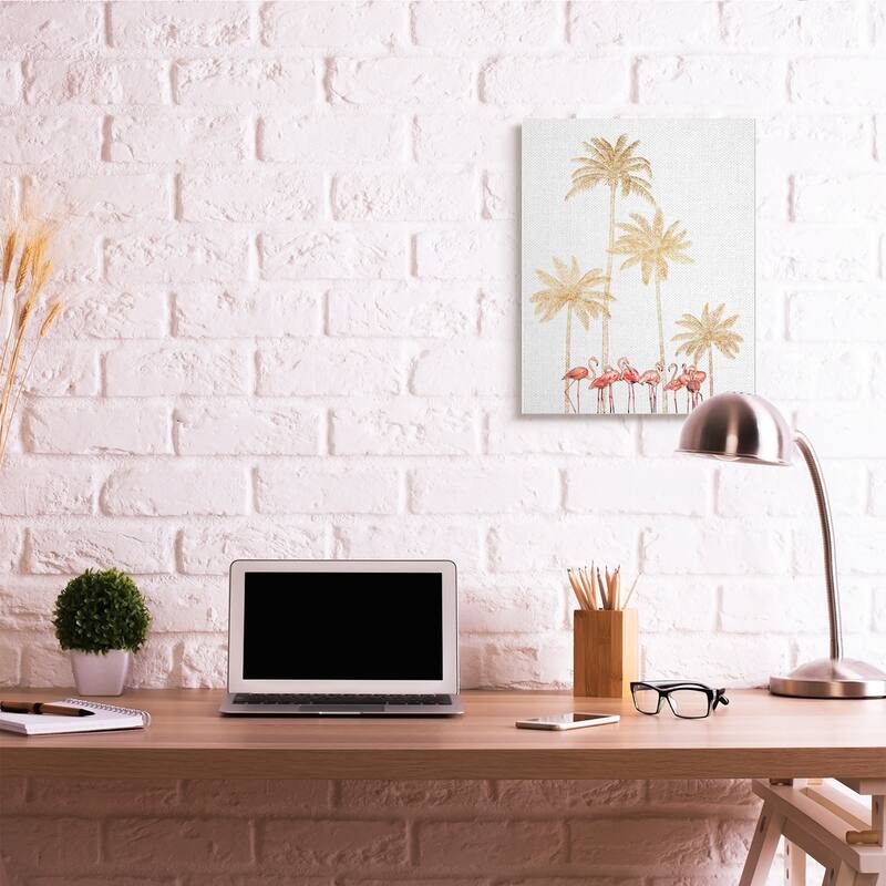 Stupell Pink Flamingos Tropical Gold Outline Palm Trees Canvas Wall Art