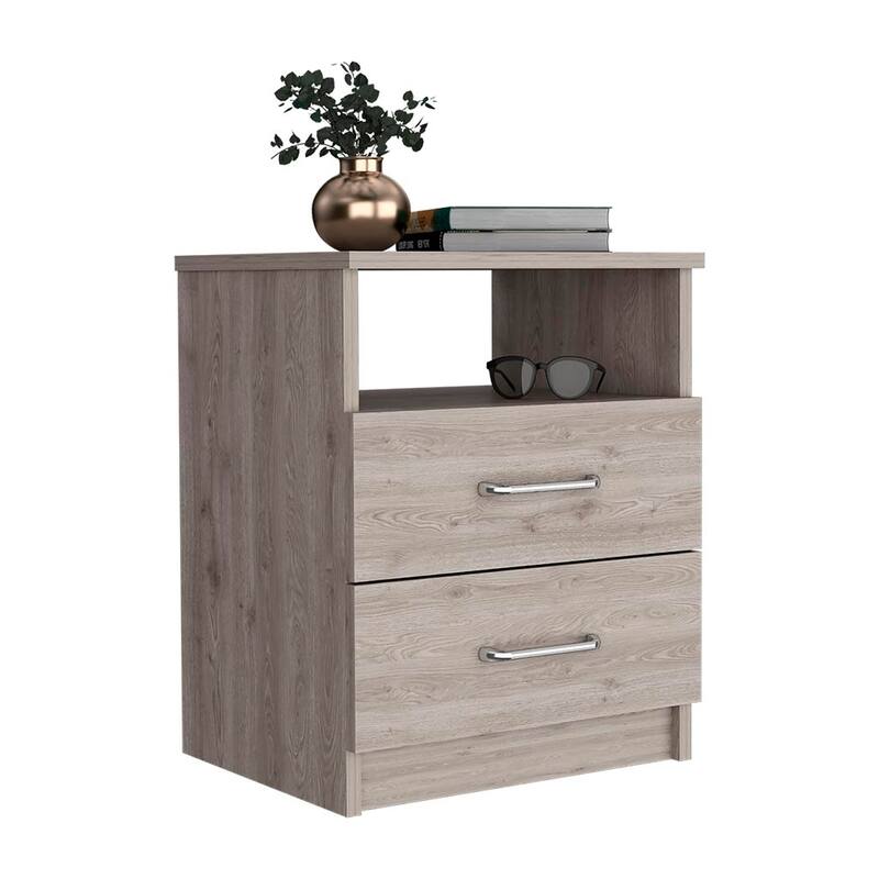 Light Gray Nightstand with Two Drawers and Open Shelf