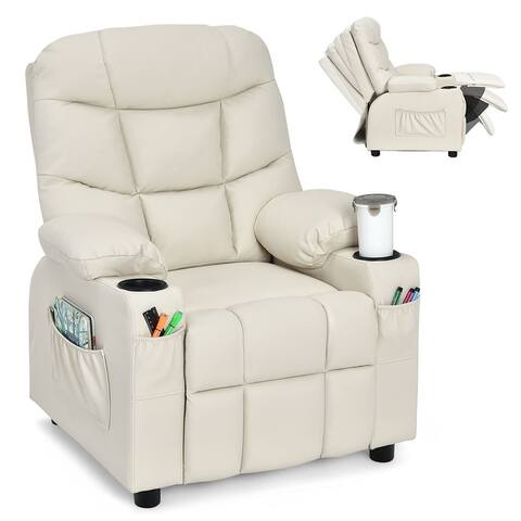 Costway Kids Youth Recliner Chair PU Leather w/Cup Holders & Side