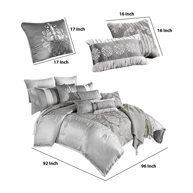 12 Piece Queen Polyester Comforter Set with Medallion Print, Platinum Gray