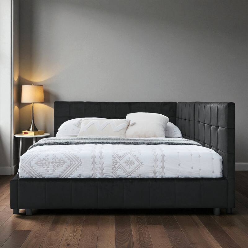 Full Size Velvet Upholstered Tufted Daybed Frame with Backrest and Armrest, Mid-Century Sofa Bed for Bedroom or Living Room