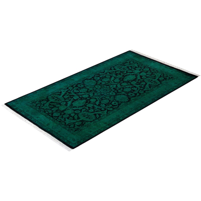Overton Hand Knotted Wool Vintage Inspired Modern Contemporary Overdyed Green Area Rug - 3' 1" x 5' 5"