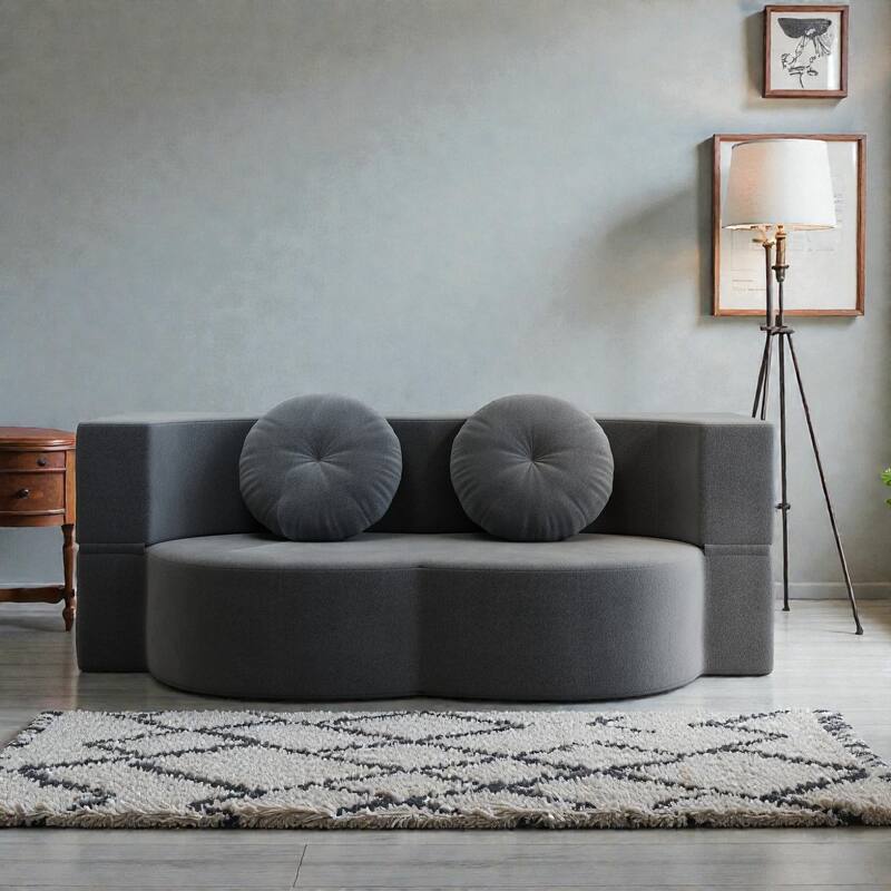 Convertible Floor Sofa Bed with 2 Pillows, Plush Corduroy Foam-Filled Folding Mattress, Full Size Sleeper, No Assembly Needed - Grey