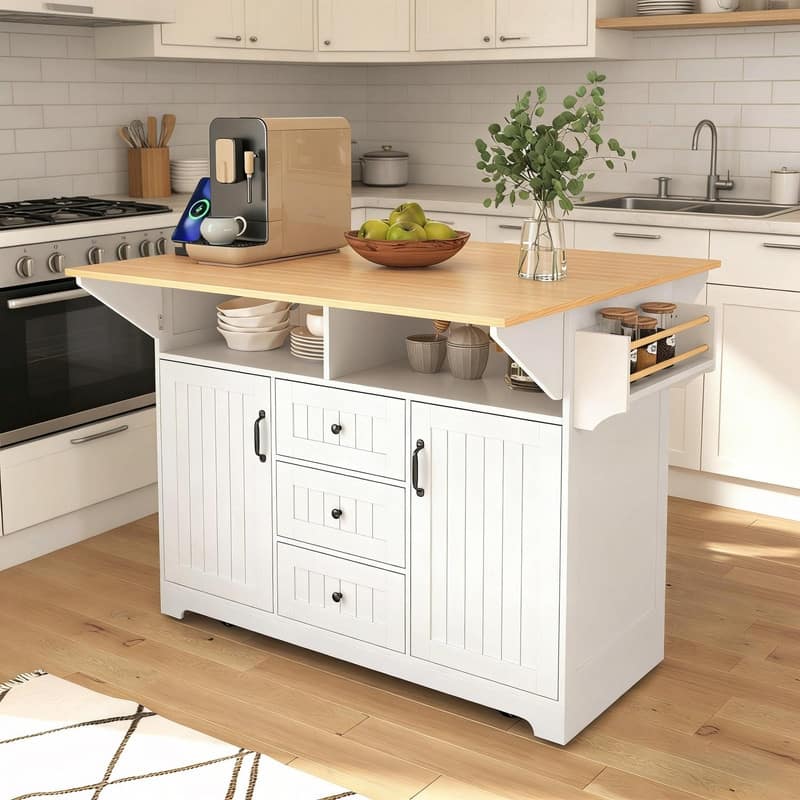 55.7" Rolling Kitchen Island with Double Drop Leaf, Power Outlet, 3 Drawers, Spice & Towel Rack, Folding Dining Table Cart - White
