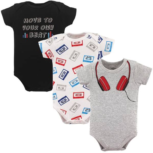 slide 1 of 1, Little Treasure Baby Boy Cotton Bodysuits 3pk, Headphones 0-3 Months - Headphones Short-Sleeve