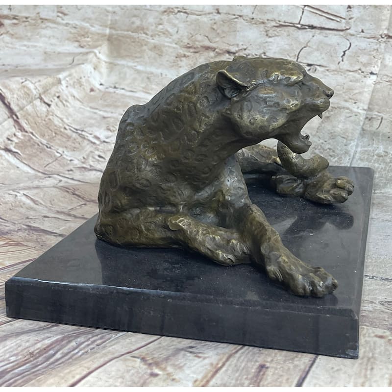 Signed Original Large Leopard Jaguar Bronze Sculpture Marble Figurine Statue Art