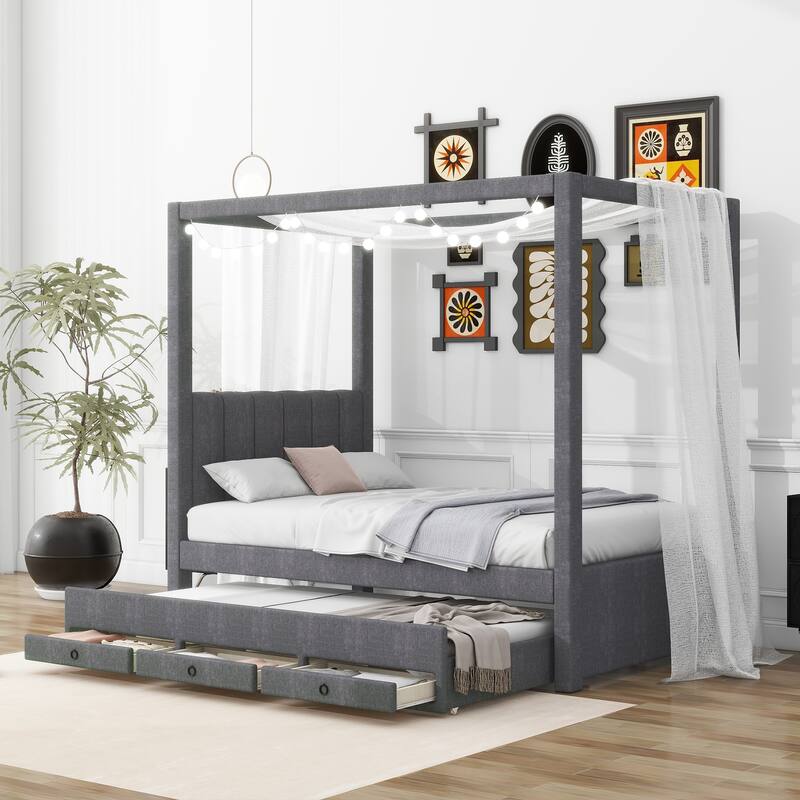 Twin/Full Size Upholstery Canopy Platform Bed with Trundle and Three Storage Drawers