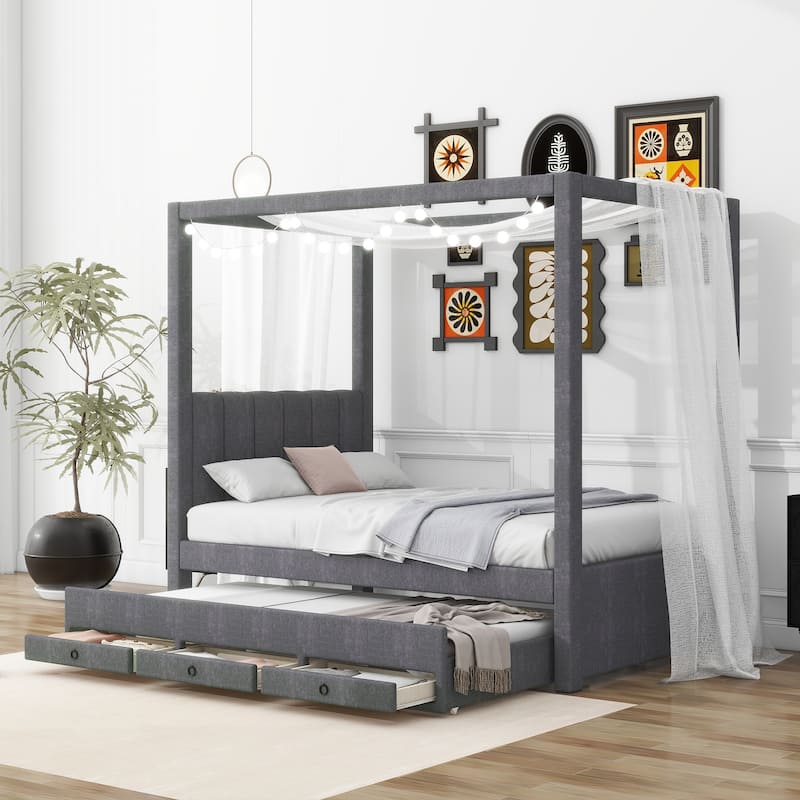 Twin Size Canopy Bed with Trundle and 3 Storage Drawers