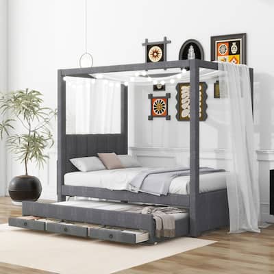 Twin Size Canopy Bed with Trundle and 3 Storage Drawers
