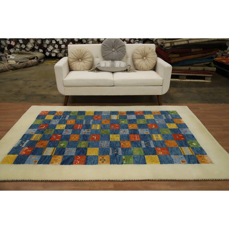 Hand Knotted Oriental 100% Wool Carpet Tribal Modern Navy Blue & Blues Gabbeh Area Rug - 7' 7'' X 5' 3''